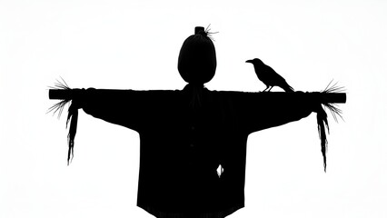 Eerie scarecrow silhouette with a lone crow perched on its arm, starkly isolated against a pristine white background, conveying a sense of mystery and solitude