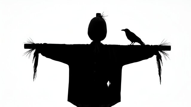 Eerie scarecrow silhouette with a lone crow perched on its arm, starkly isolated against a pristine white background, conveying a sense of mystery and solitude