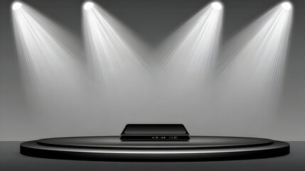gadget with sleek metallic finish glowing on futuristic podium with spotlights