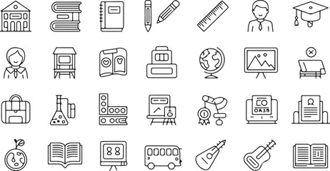 Collection of black line art icons representing school and education objects and symbols school building