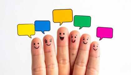 Fingers with smiley faces and speech bubbles