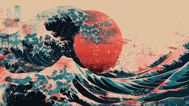 Crane and Japanese wave for T-shirt.Traditional Chinese wave and sunrise.Beautiful line art of nature for printing on shirt.Asian art for doodle and painting on background. Ai generation