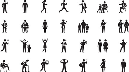 Collection of black silhouette icons depicting people in various poses and activities woman 1