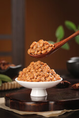 Japanese Natto Fermented Soybeans with Wooden Spoon Traditional Healthy Food Ingredient