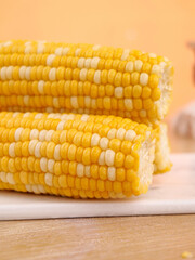 Fresh Sweet Corn Cobs with Golden Yellow Kernels on White Plate - Healthy Organic Vegetable Food Ingredient