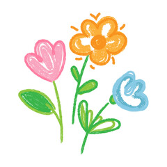 Crayon drawing of three colorful flowers with green stems and leaves on white background suitable for children books educational materials greeting cards posters nursery decor. Vector illustration