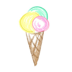 Ice cream cone with three colorful scoops pink yellow and green Crayon drawing style on white background perfect for educational materials posters greeting cards packaging and creative design. Vector