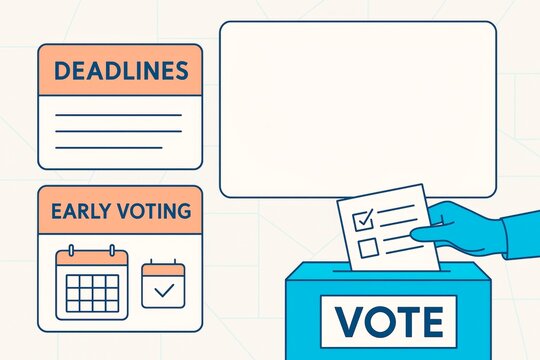 Blank voting infographic mockup with early voting and deadline boxes, ballot box, and hand placing vote on light background with empty space. Ai generative