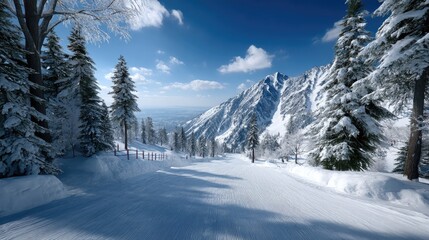 Fototapeta premium Snowy Mountain Vista with Alpine Trees and Clear Blue Sky in Winter Daylight Cinematic HDR