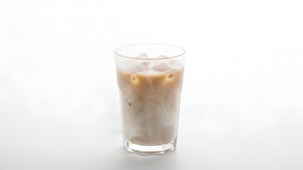 Refreshing Iced Coffee with Milk and Ice Cubes in a Tall Glass Isolated on a White Background