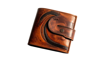 Brown leather bi-fold wallet with intricate wave-pattern tooling, a buttoned flap closure, and subtle darker accents