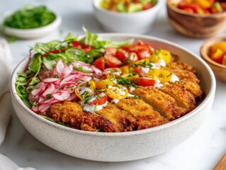 Fototapeta premium Katsu bowl, a vibrant and delicious meal featuring crispy katsu, fresh vegetables, and creamy sauce in a bowl