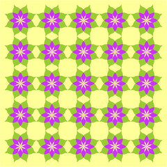 A geometric garden blooms in harmony, weaving purple petals and green leaves into endless patterns, radiating unity, balance, rhythm, and serenity.