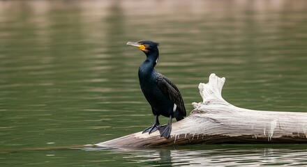 Black cormorant bird perched on a weathered log in calm green water.