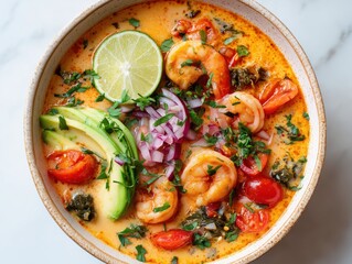 Aguachile shrimp bowl with avocado, lime, red onion and tomatoes on a white marble surface, close up view