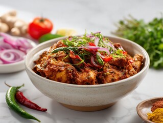 Chicken 65 a vibrant bowl of spicy chicken with onion garnish, fresh herbs, and colorful ingredients around dish