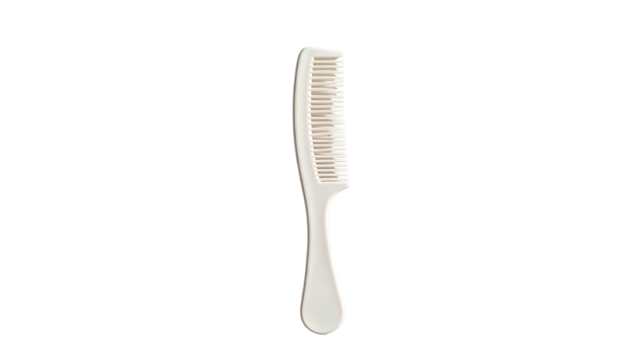 Off-white plastic comb with fine teeth and a rounded handle, isolated on a black background