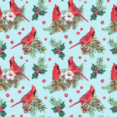Cardinal bird on a spruce branch with cones and holly seamless pattern for Christmas on a blue background. Hand-painted watercolor illustration. Christmas tree winter picture for the holiday.
