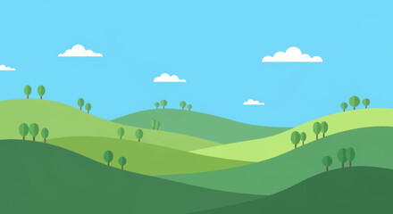 Fototapeta premium Green Rolling Hills Landscape with Trees and Blue Sky.