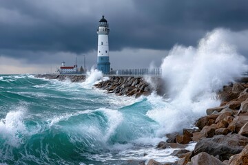 Lighthouse Braving Stormy Seas and Crashing Waves