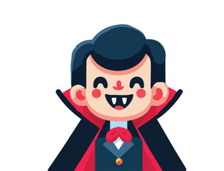 A smiling vampire character with a cape and fangs