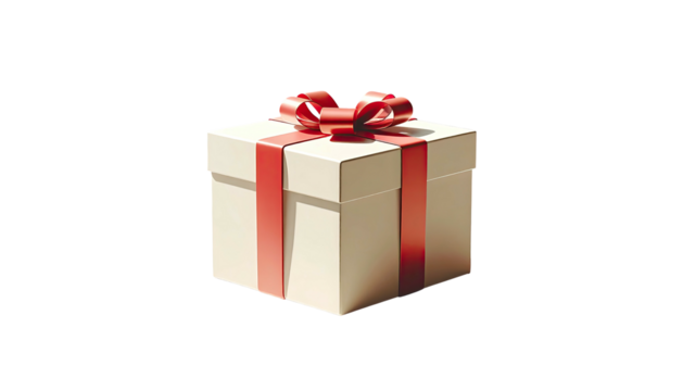 A pristine white square gift box, adorned with a vibrant red ribbon tied in a classic bow, sits against a stark black backdrop - Powered by Adobe