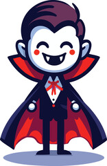 A smiling vampire character with a cape and fangs