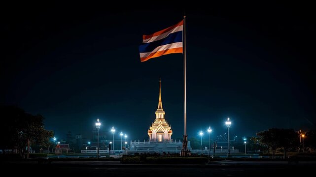 Majestic night view of the Thai flag waving in front of a beautifully illuminated monument, captured in a wide shot with vibrant city lights enhancing the scene's grandeur.