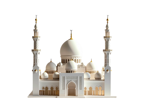 A detailed architectural model of a grand white mosque, featuring multiple domes, minarets, and intricate detailing against a black background