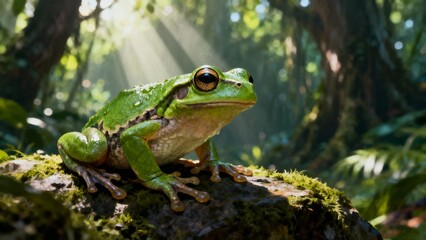 Green Frog Resting on Mossy Rock in Rainforest Light