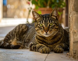 Tabby cat resting outdoors