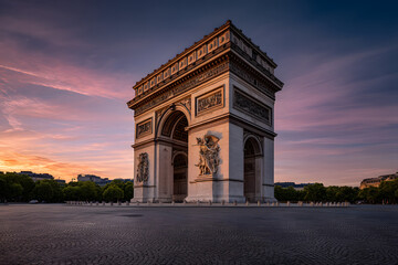 Obraz premium Sunrise at Arc de Triomphe with Beautiful Sky and Empty Road in Paris, France