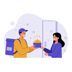 Online Food Delivery Service Courier and Customer Illustrations