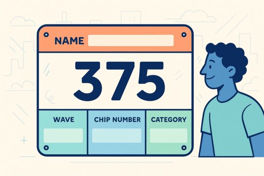 Abstract illustration of smiling athlete with race bib number 375, showing empty fields for name, wave, chip number, and category on light background. Ai generative