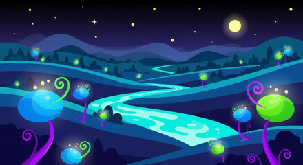 Obraz premium Luminous fantasy river flowing through a magical night landscape.