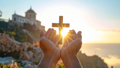 Hands reaching towards a cross, sunlit sky