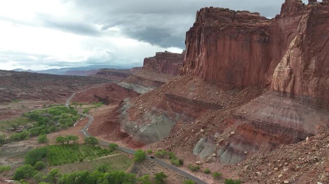 Cinematic aerial video of Capitol reef landscape with rocks with layers of erosion and different colours