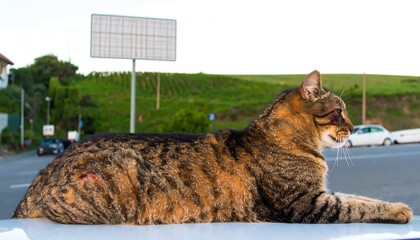 Tabby cat rests on a road