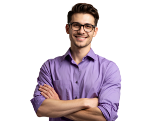 Smiling young man in purple shirt and glasses, standing with arms crossed, isolated