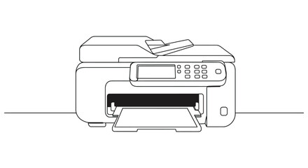 Simple black and white outline drawing of a home office printer silhouette