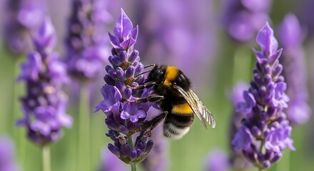 Bumblebee collecting nectar from a lavender flower in a field.