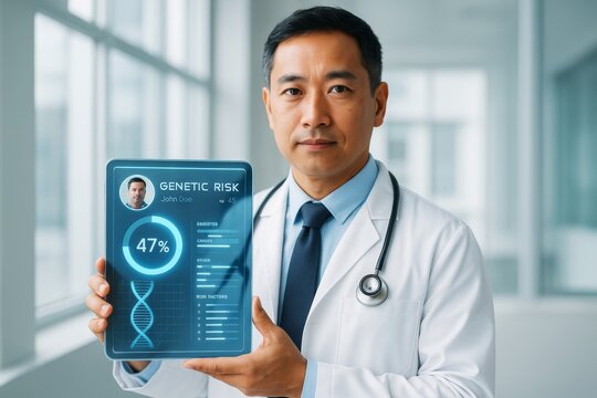 Doctor holding futuristic digital tablet displaying genetic risk data in modern hospital setting with light background and science concept. Ai generative