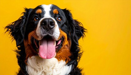 Close-up of a Bernese Mountain Dog smiling against a bright yellow background