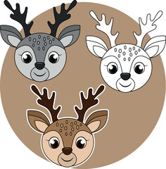 Illustration of cartoon deer with antlers in different colors