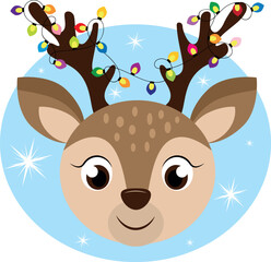 Christmas deer with garland on a blue background.