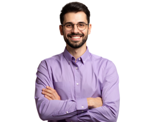Firefly_Smiling young man in purple shirt and glasses, standing with arms crossed, isolated