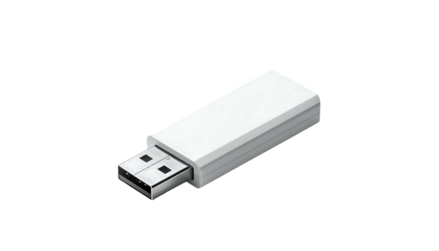 Sleek white USB flash drive, rectangular with slightly beveled edges, angled slightly to the left, showing a standard USB-A connector