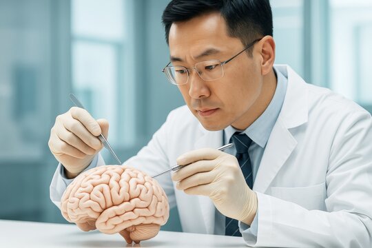 Scientist examining anatomical brain model with tools in lab coat and gloves on light science background, showing focus and research concept. Ai generative