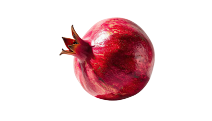 A single, ripe pomegranate, deep red with subtle lighter streaks, sits against a black background.  Its crown is visible