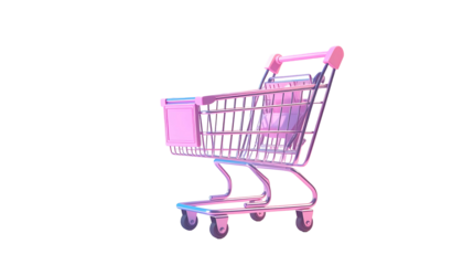 Pastel pink shopping cart, digitally rendered, angled view, showcasing a metallic wire frame with pink accents and small wheels.  A slight glow effect is visible